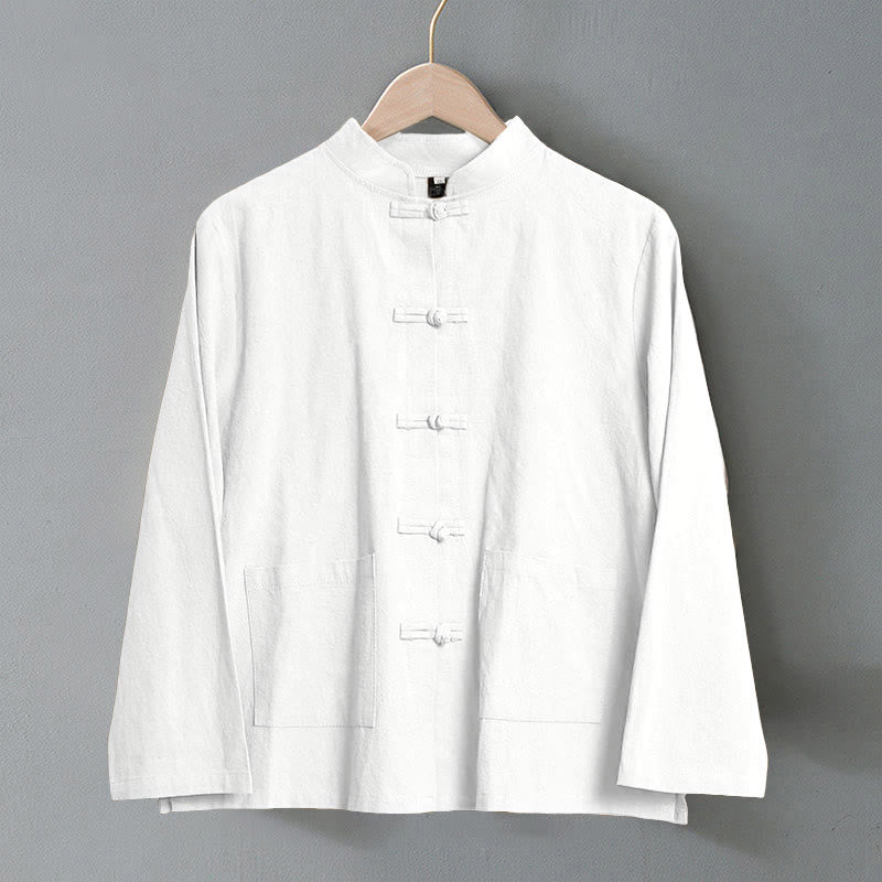 Camicia da donna in cotone con colletto rialzato, maniche lunghe, bottoni etnici a forma di rana, con tasche Buddha Stones - image 8