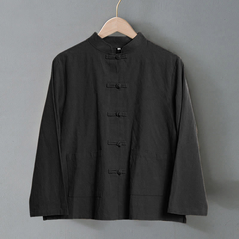 Camicia da donna in cotone con colletto rialzato, maniche lunghe, bottoni etnici a forma di rana, con tasche Buddha Stones - image 15