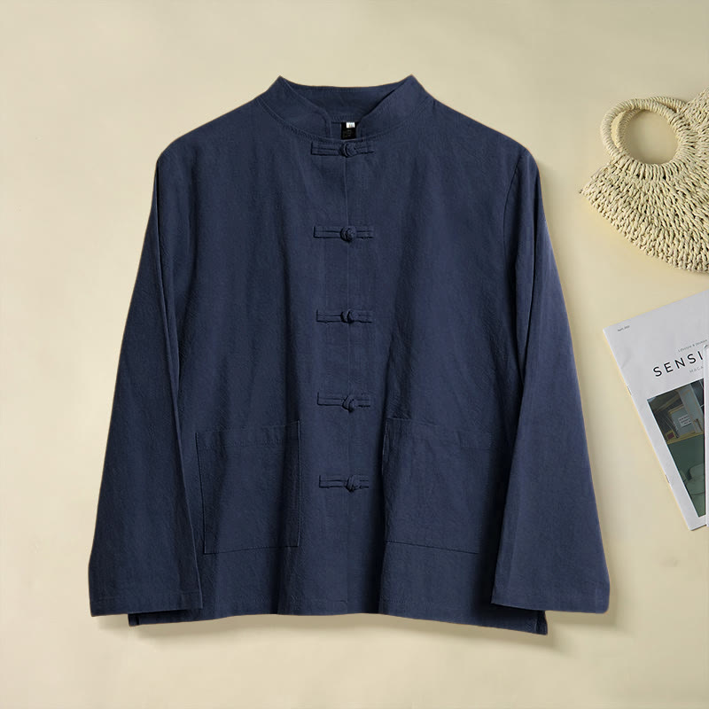 Camicia da donna in cotone con colletto rialzato, maniche lunghe, bottoni etnici a forma di rana, con tasche Buddha Stones - Blu notte - US12, UK/AU16, EU44 (2XL) - image 21