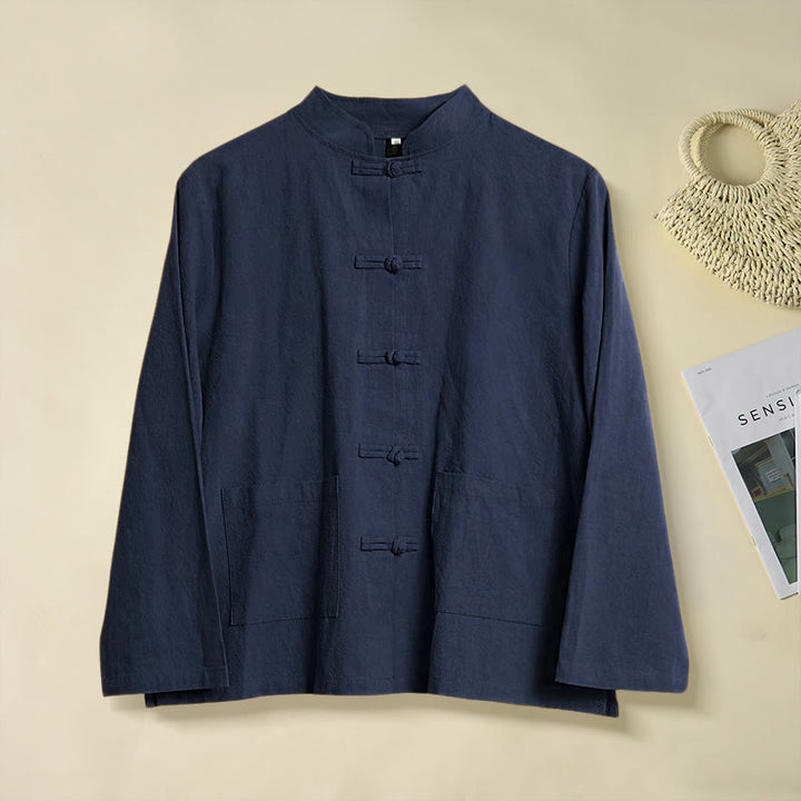 Camicia da donna in cotone con colletto rialzato, maniche lunghe, bottoni etnici a forma di rana, con tasche Buddha Stones - Blu notte - US12, UK/AU16, EU44 (2XL) - image 21