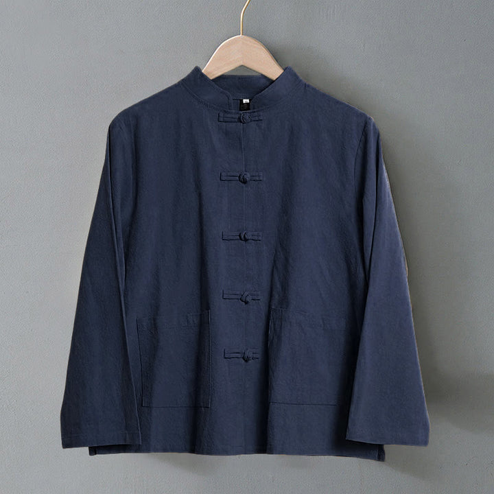 Camicia da donna in cotone con colletto rialzato, maniche lunghe, bottoni etnici a forma di rana, con tasche Buddha Stones - image 22