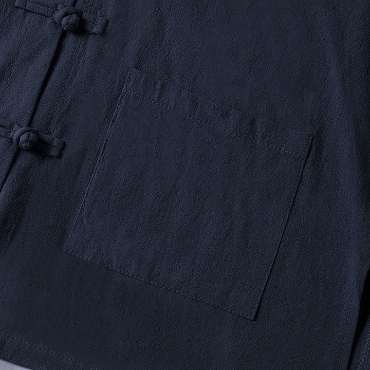 Camicia da donna in cotone con colletto rialzato, maniche lunghe, bottoni etnici a forma di rana, con tasche Buddha Stones - image 25