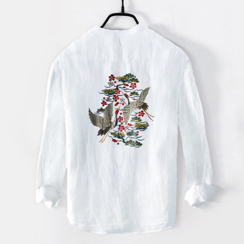 Camicia da uomo in cotone e lino a maniche lunghe con motivo a fiori di pino, gru Buddha Stones - image 2