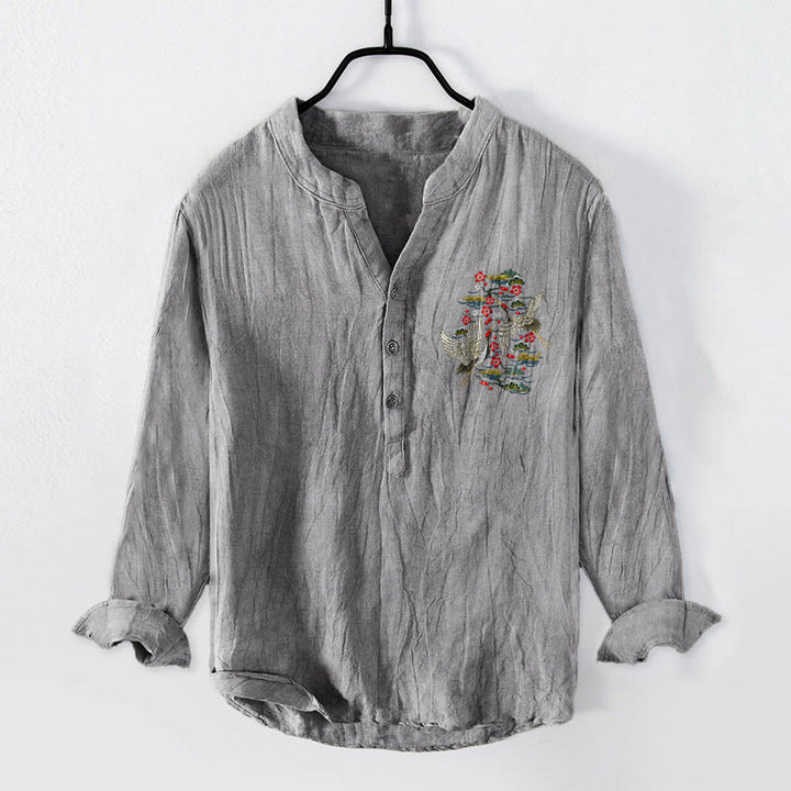 Camicia da uomo in cotone e lino a maniche lunghe con motivo a fiori di pino, gru Buddha Stones - image 7