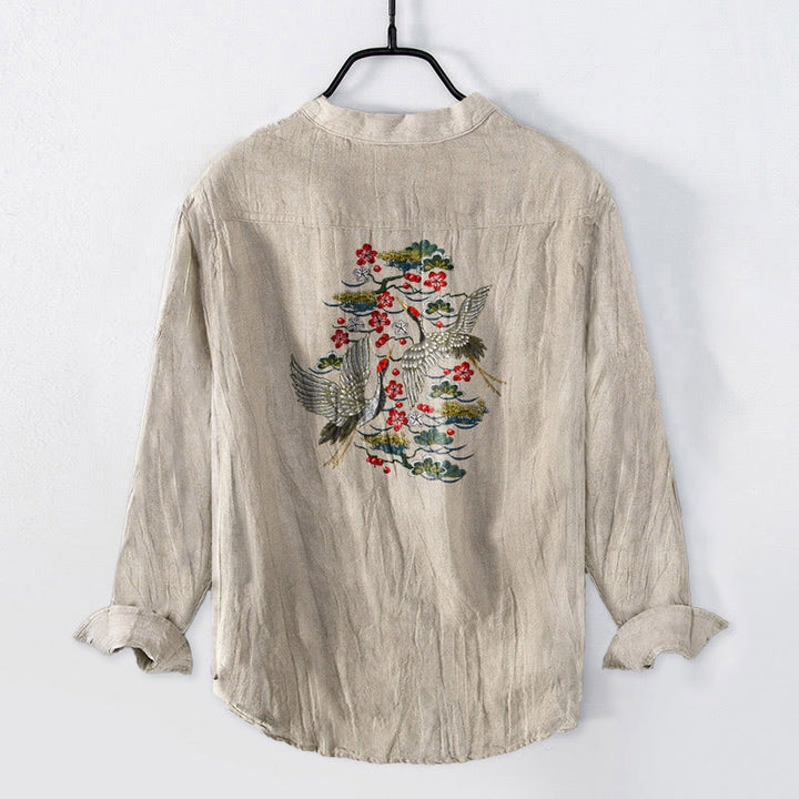 Camicia da uomo in cotone e lino a maniche lunghe con motivo a fiori di pino, gru Buddha Stones - image 5