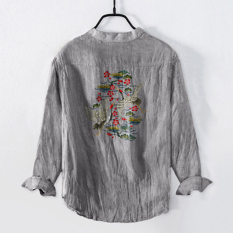 Camicia da uomo in cotone e lino a maniche lunghe con motivo a fiori di pino, gru Buddha Stones - image 8