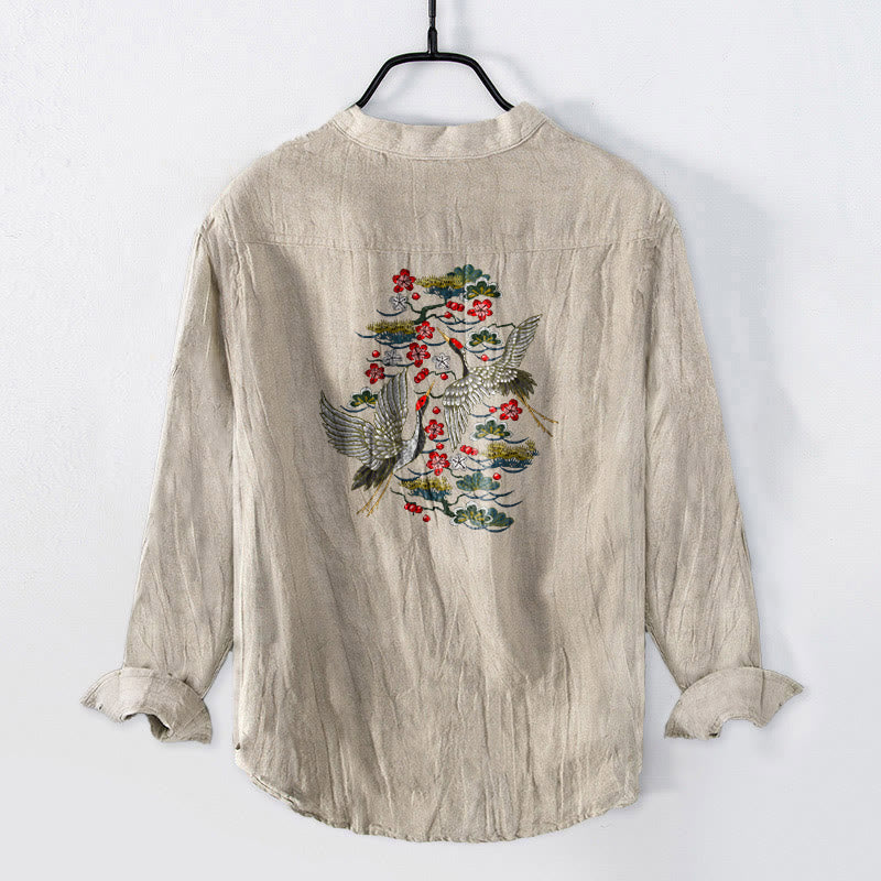 Camicia da uomo in cotone e lino a maniche lunghe con motivo a fiori di pino, gru Buddha Stones - image 5