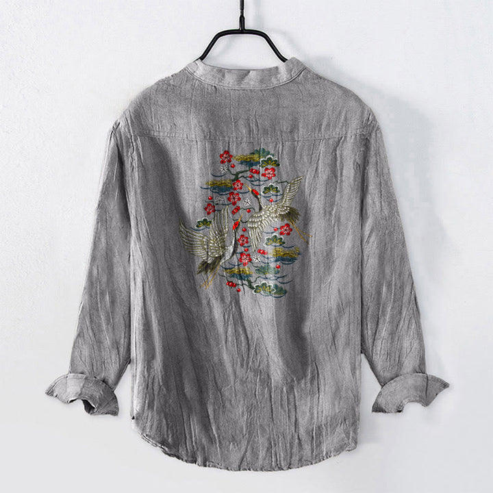 Camicia da uomo in cotone e lino a maniche lunghe con motivo a fiori di pino, gru Buddha Stones - image 8