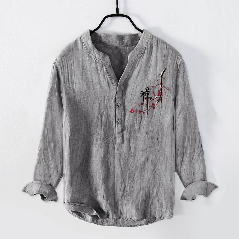 Camicia da uomo in cotone e lino a maniche lunghe con motivo Zen Buddha Stones fiori di pesco rossi con bottoni a metà - Grigio - US/UK/AU50, EU60 (5XL) - image 3