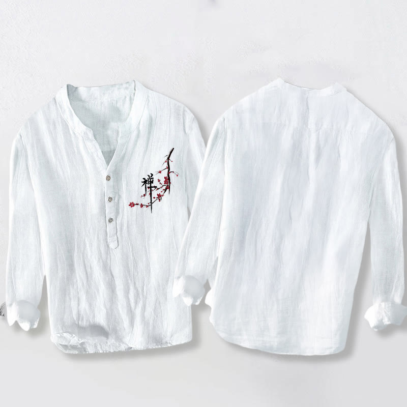 Camicia da uomo in cotone e lino a maniche lunghe con motivo Zen Buddha Stones fiori di pesco rossi con bottoni a metà - image 8