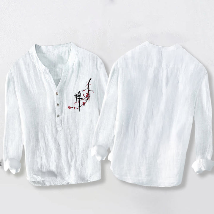 Camicia da uomo in cotone e lino a maniche lunghe con motivo Zen Buddha Stones fiori di pesco rossi con bottoni a metà - image 8