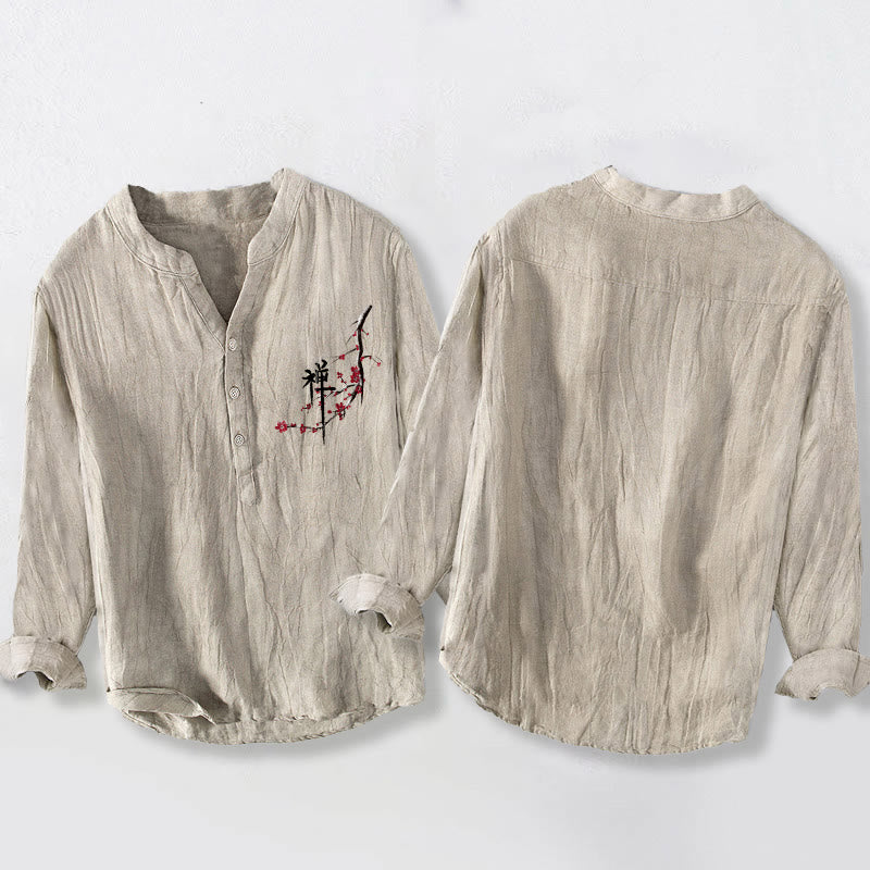 Camicia da uomo in cotone e lino a maniche lunghe con motivo Zen Buddha Stones fiori di pesco rossi con bottoni a metà - image 2