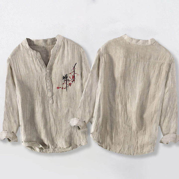 Camicia da uomo in cotone e lino a maniche lunghe con motivo Zen Buddha Stones fiori di pesco rossi con bottoni a metà - image 2