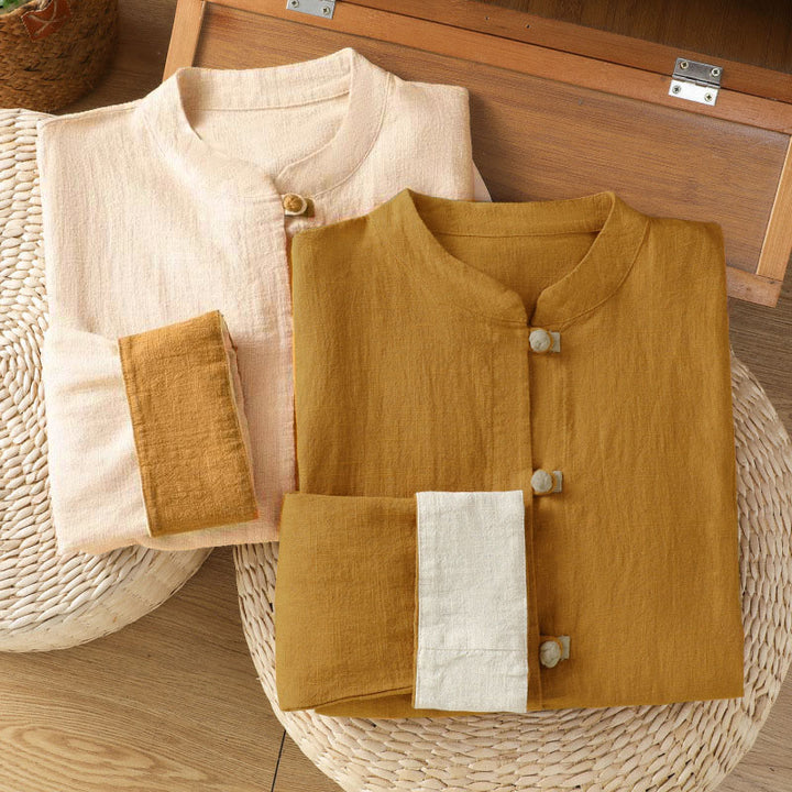 Camicia da donna in lino a maniche lunghe con bottoni cinesi a forma di rana e motivo a contrasto di colore Buddha Stones - image 18