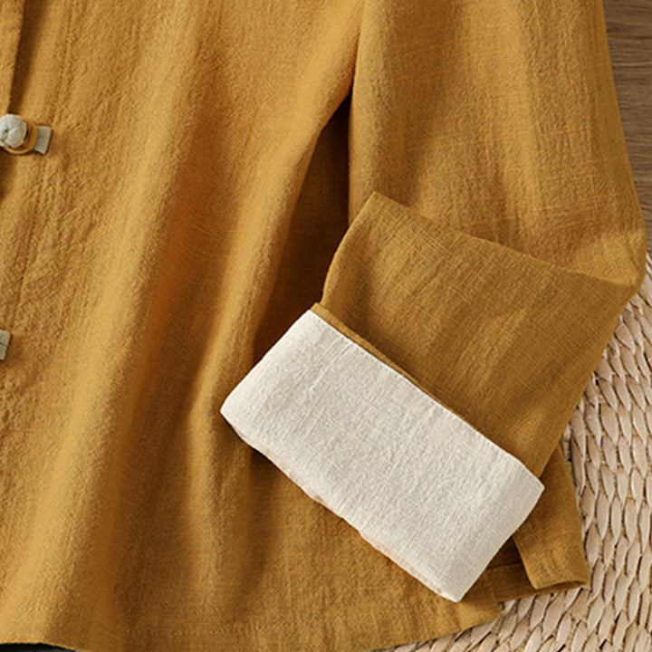 Camicia da donna in lino a maniche lunghe con bottoni cinesi a forma di rana e motivo a contrasto di colore Buddha Stones - image 5