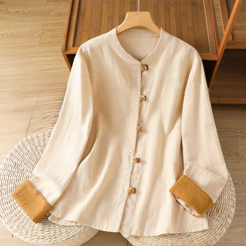 Camicia da donna in lino a maniche lunghe con bottoni cinesi a forma di rana e motivo a contrasto di colore Buddha Stones - Biancheria - US8-10, UK/AU12-14, EU40-42 (2XL) - image 7