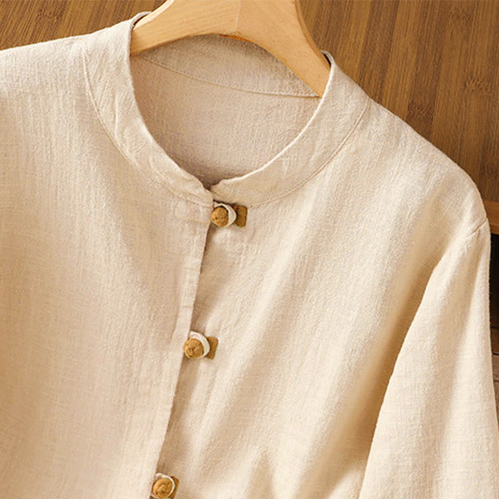 Camicia da donna in lino a maniche lunghe con bottoni cinesi a forma di rana e motivo a contrasto di colore Buddha Stones - image 13