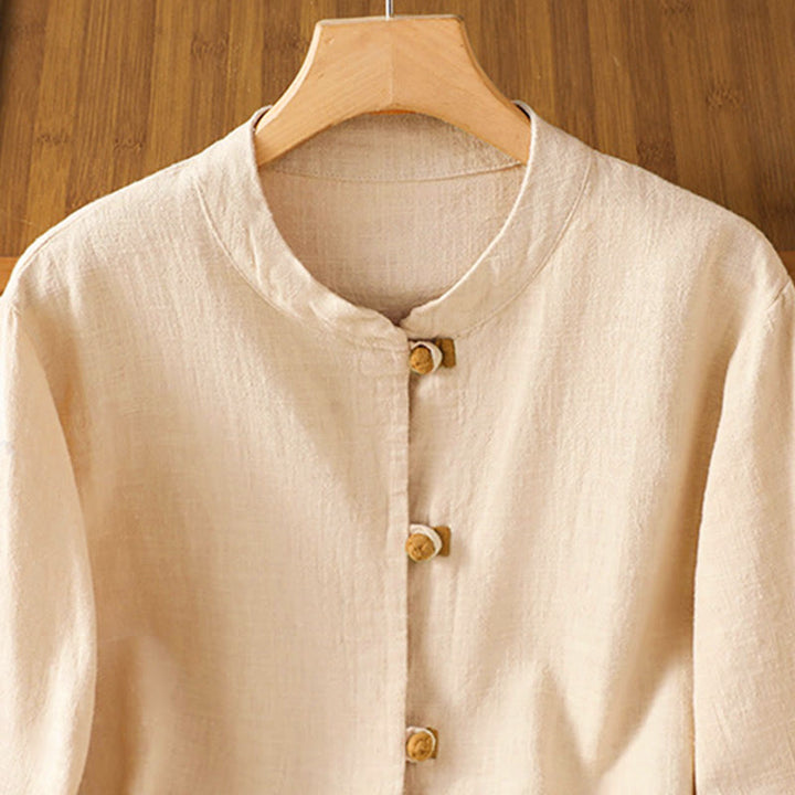 Camicia da donna in lino a maniche lunghe con bottoni cinesi a forma di rana e motivo a contrasto di colore Buddha Stones - image 9