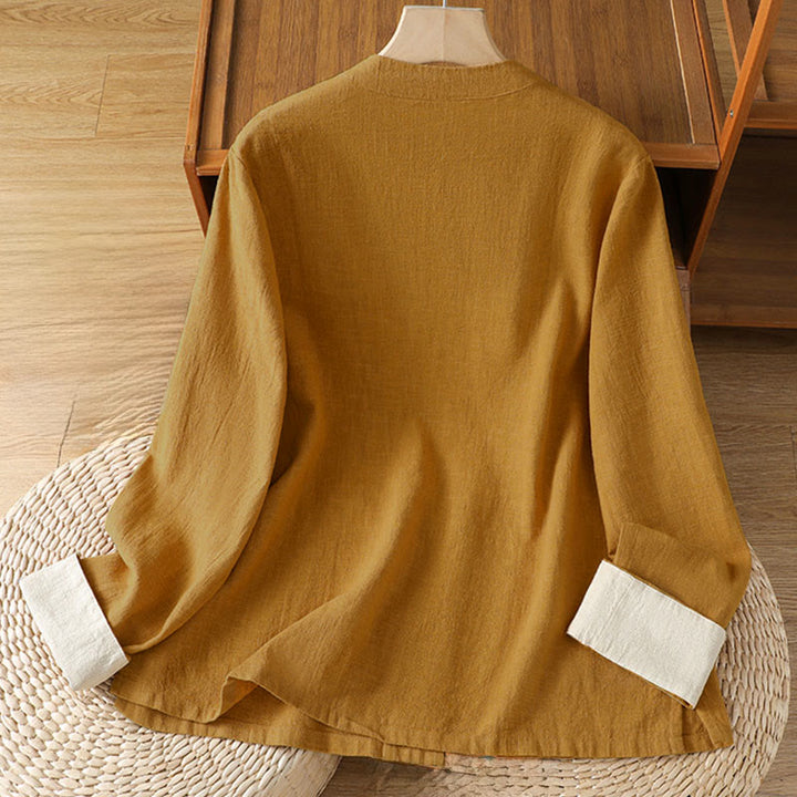 Camicia da donna in lino a maniche lunghe con bottoni cinesi a forma di rana e motivo a contrasto di colore Buddha Stones - image 1
