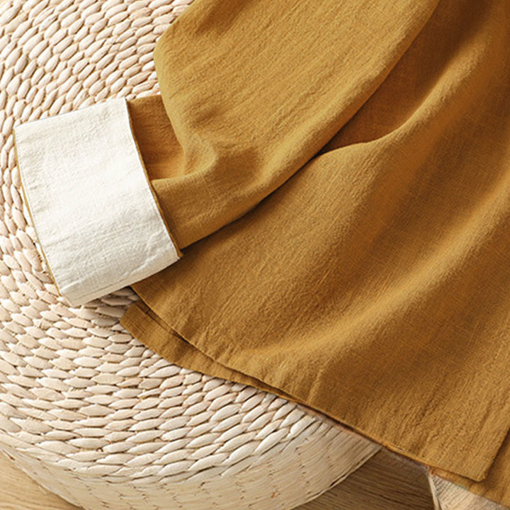 Camicia da donna in lino a maniche lunghe con bottoni cinesi a forma di rana e motivo a contrasto di colore Buddha Stones - image 6