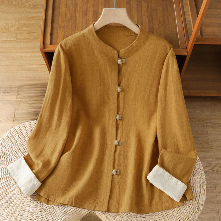 Camicia da donna in lino a maniche lunghe con bottoni cinesi a forma di rana e motivo a contrasto di colore Buddha Stones - Verga d'oro - US12, UK/AU16, EU44 (2XL) - image 0