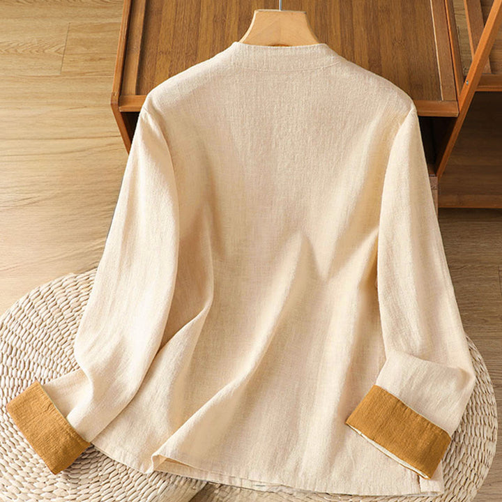 Camicia da donna in lino a maniche lunghe con bottoni cinesi a forma di rana e motivo a contrasto di colore Buddha Stones - image 8
