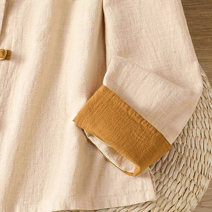 Camicia da donna in lino a maniche lunghe con bottoni cinesi a forma di rana e motivo a contrasto di colore Buddha Stones - image 10