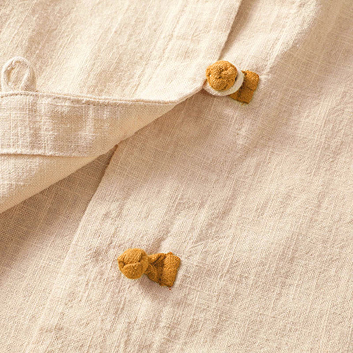 Camicia da donna in lino a maniche lunghe con bottoni cinesi a forma di rana e motivo a contrasto di colore Buddha Stones - image 16