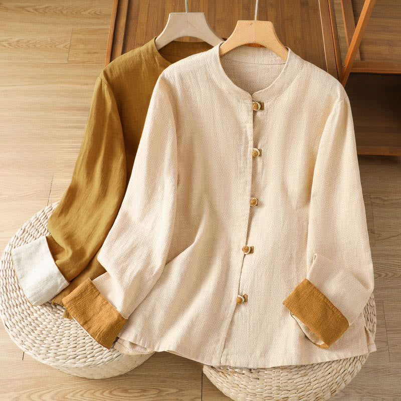 Camicia da donna in lino a maniche lunghe con bottoni cinesi a forma di rana e motivo a contrasto di colore Buddha Stones - image 19