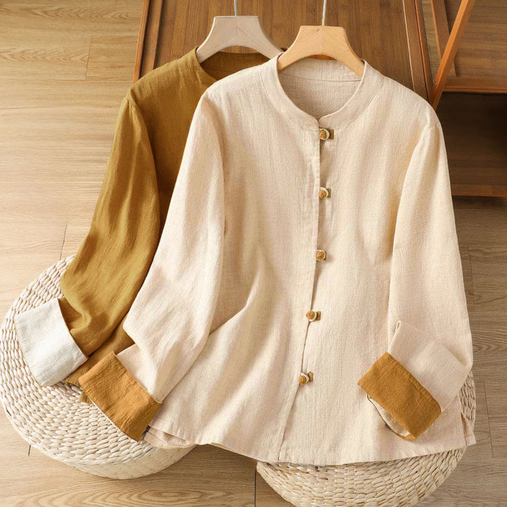 Camicia da donna in lino a maniche lunghe con bottoni cinesi a forma di rana e motivo a contrasto di colore Buddha Stones - image 19