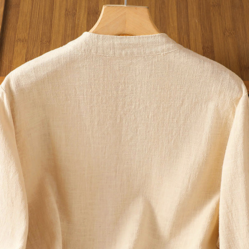 Camicia da donna in lino a maniche lunghe con bottoni cinesi a forma di rana e motivo a contrasto di colore Buddha Stones - image 14