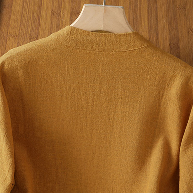 Camicia da donna in lino a maniche lunghe con bottoni cinesi a forma di rana e motivo a contrasto di colore Buddha Stones - image 3