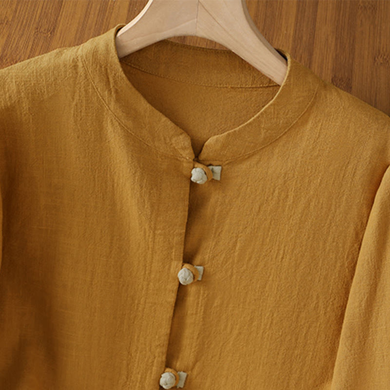 Camicia da donna in lino a maniche lunghe con bottoni cinesi a forma di rana e motivo a contrasto di colore Buddha Stones - image 2