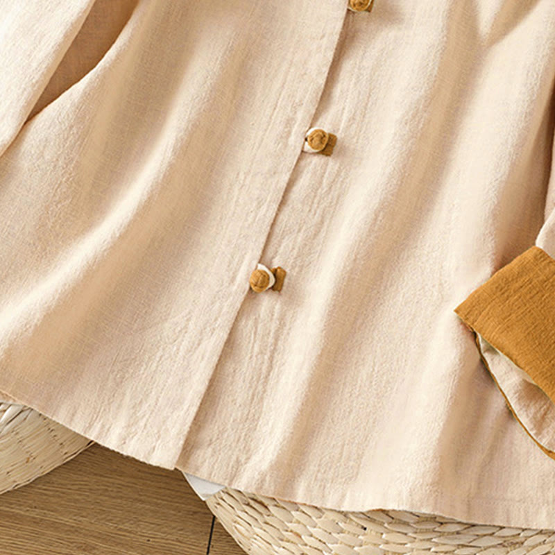 Camicia da donna in lino a maniche lunghe con bottoni cinesi a forma di rana e motivo a contrasto di colore Buddha Stones - image 11