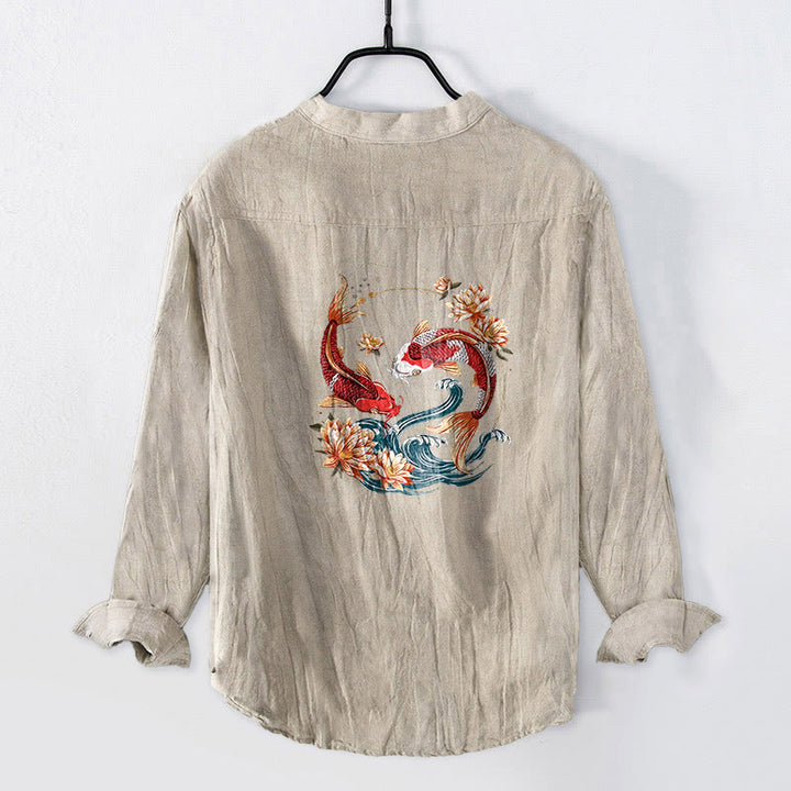Camicia da uomo in cotone e lino a maniche lunghe con motivo Buddha Stones Koi Fish Lotus Waves e bottoni a metà - image 5
