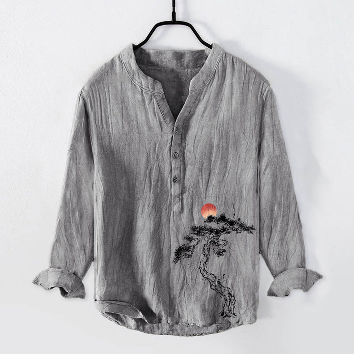 Camicia da uomo in cotone e lino a maniche lunghe con bottoni a mezzo bottone, motivo Buddha Stones Pine Tree Red Sun - Grigio - US/UK/AU50, EU60 (5XL) - image 3