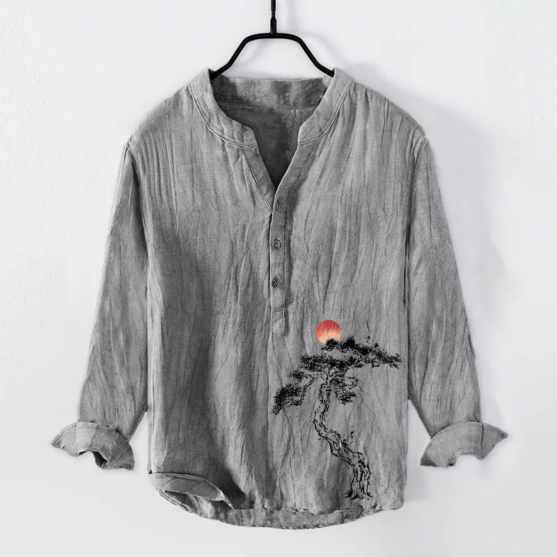 Camicia da uomo in cotone e lino a maniche lunghe con bottoni a mezzo bottone, motivo Buddha Stones Pine Tree Red Sun - Grigio - US/UK/AU50, EU60 (5XL) - image 3