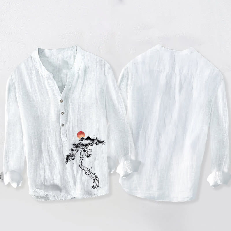 Camicia da uomo in cotone e lino a maniche lunghe con bottoni a mezzo bottone, motivo Buddha Stones Pine Tree Red Sun - image 8