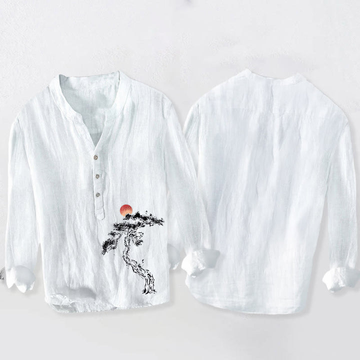 Camicia da uomo in cotone e lino a maniche lunghe con bottoni a mezzo bottone, motivo Buddha Stones Pine Tree Red Sun - image 8