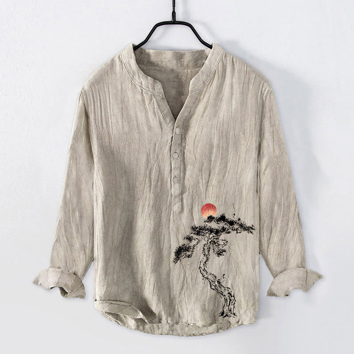 Camicia da uomo in cotone e lino a maniche lunghe con bottoni a mezzo bottone, motivo Buddha Stones Pine Tree Red Sun - Biancheria - US/UK/AU50, EU60 (5XL) - image 0