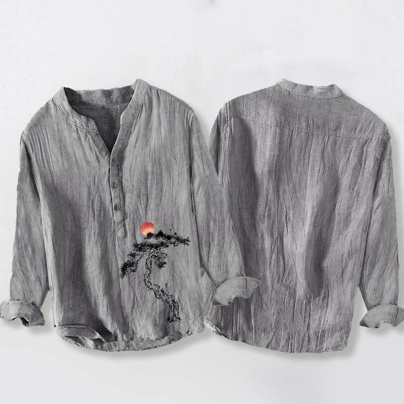 Camicia da uomo in cotone e lino a maniche lunghe con bottoni a mezzo bottone, motivo Buddha Stones Pine Tree Red Sun - image 5