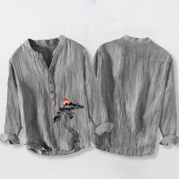 Camicia da uomo in cotone e lino a maniche lunghe con bottoni a mezzo bottone, motivo Buddha Stones Pine Tree Red Sun - image 5