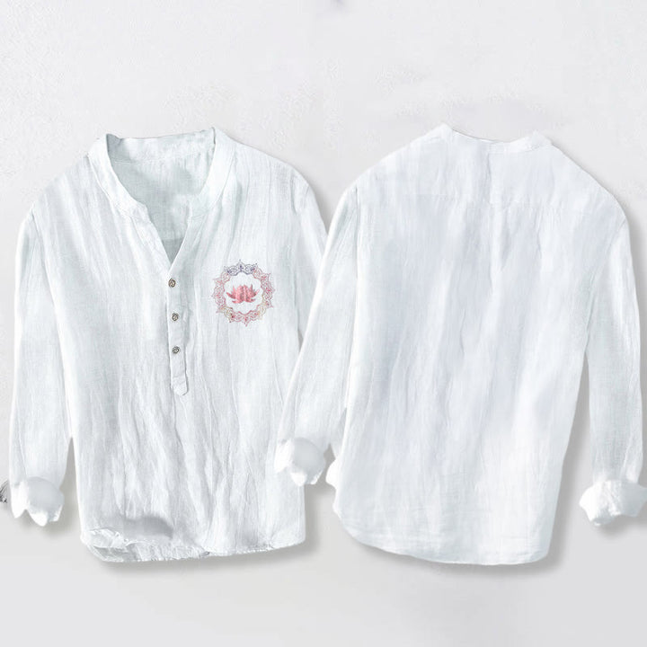 Camicia da uomo in cotone e lino a maniche lunghe con motivo mandala e Buddha Stones, bottoni a metà - image 2