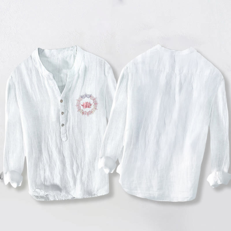 Camicia da uomo in cotone e lino a maniche lunghe con motivo mandala e Buddha Stones, bottoni a metà - image 2