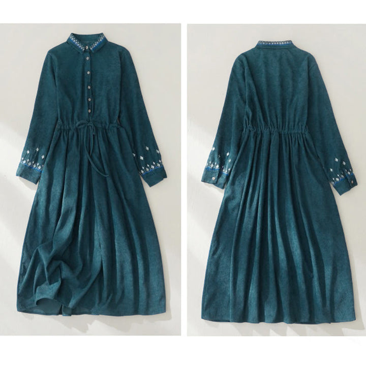 Abito midi a maniche lunghe con tasche, motivo floreale ricamato con Buddha Stones e lacci - image 17