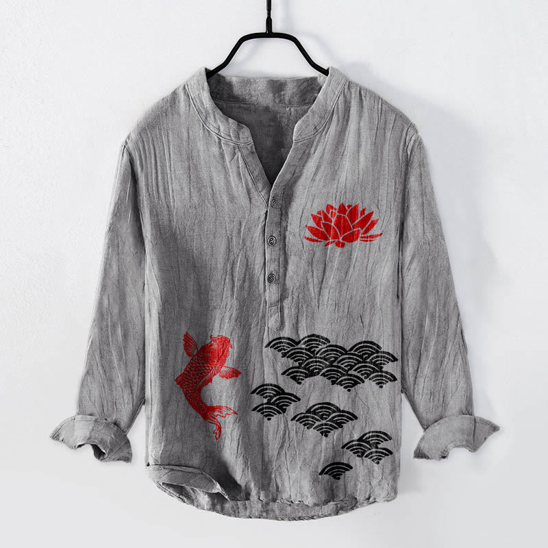 Camicia da uomo in cotone e lino a maniche lunghe con bottoni a metà, motivo Buddha Stones Koi Fish Lotus e nuvole di buon auspicio - Grigio - US/UK/AU50, EU60 (5XL) - image 0
