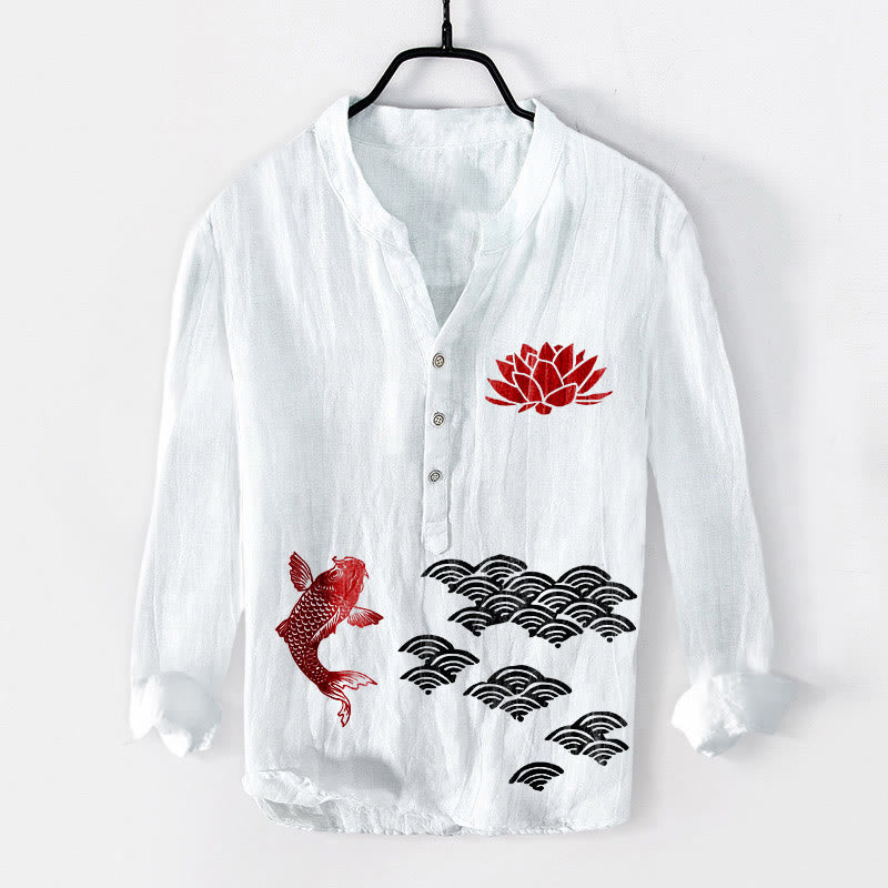 Camicia da uomo in cotone e lino a maniche lunghe con bottoni a metà, motivo Buddha Stones Koi Fish Lotus e nuvole di buon auspicio - Bianco - US/UK/AU50, EU60 (5XL) - image 3
