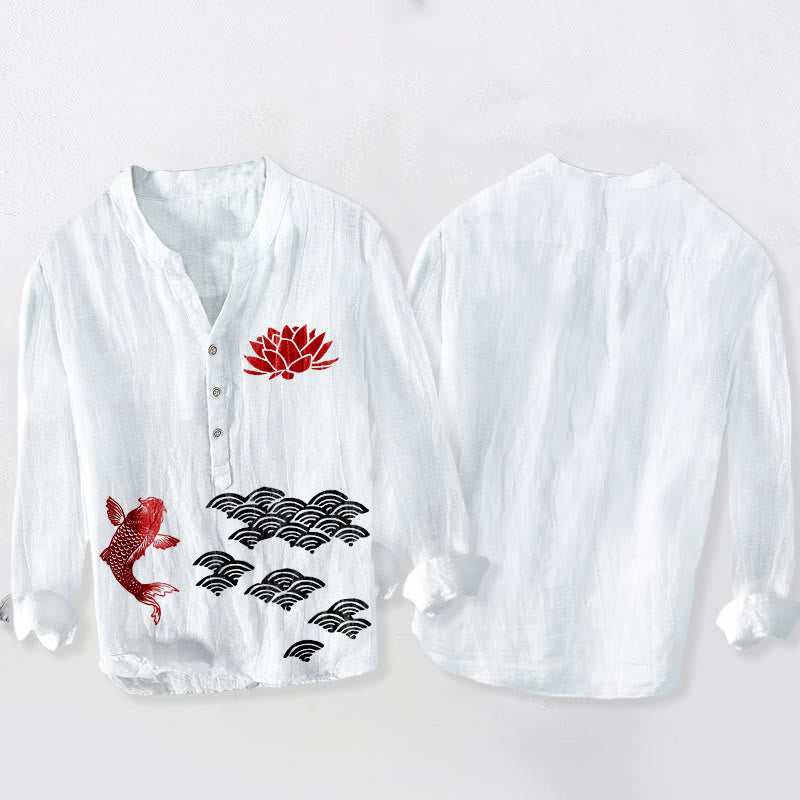 Camicia da uomo in cotone e lino a maniche lunghe con bottoni a metà, motivo Buddha Stones Koi Fish Lotus e nuvole di buon auspicio - image 5
