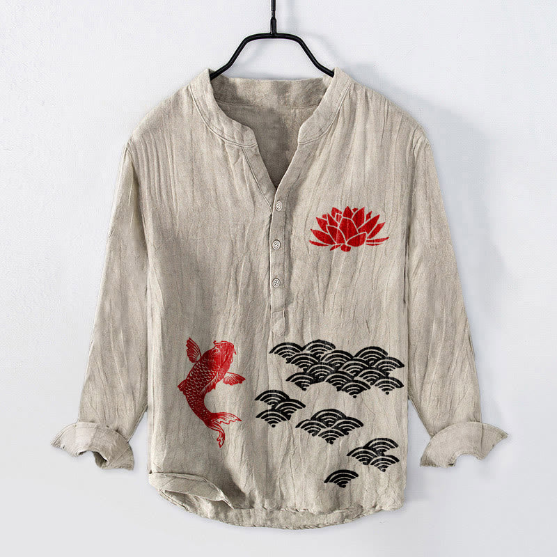 Camicia da uomo in cotone e lino a maniche lunghe con bottoni a metà, motivo Buddha Stones Koi Fish Lotus e nuvole di buon auspicio - Biancheria - US/UK/AU50, EU60 (5XL) - image 6