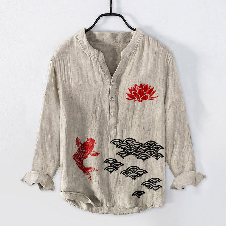 Camicia da uomo in cotone e lino a maniche lunghe con bottoni a metà, motivo Buddha Stones Koi Fish Lotus e nuvole di buon auspicio - Biancheria - US/UK/AU50, EU60 (5XL) - image 6